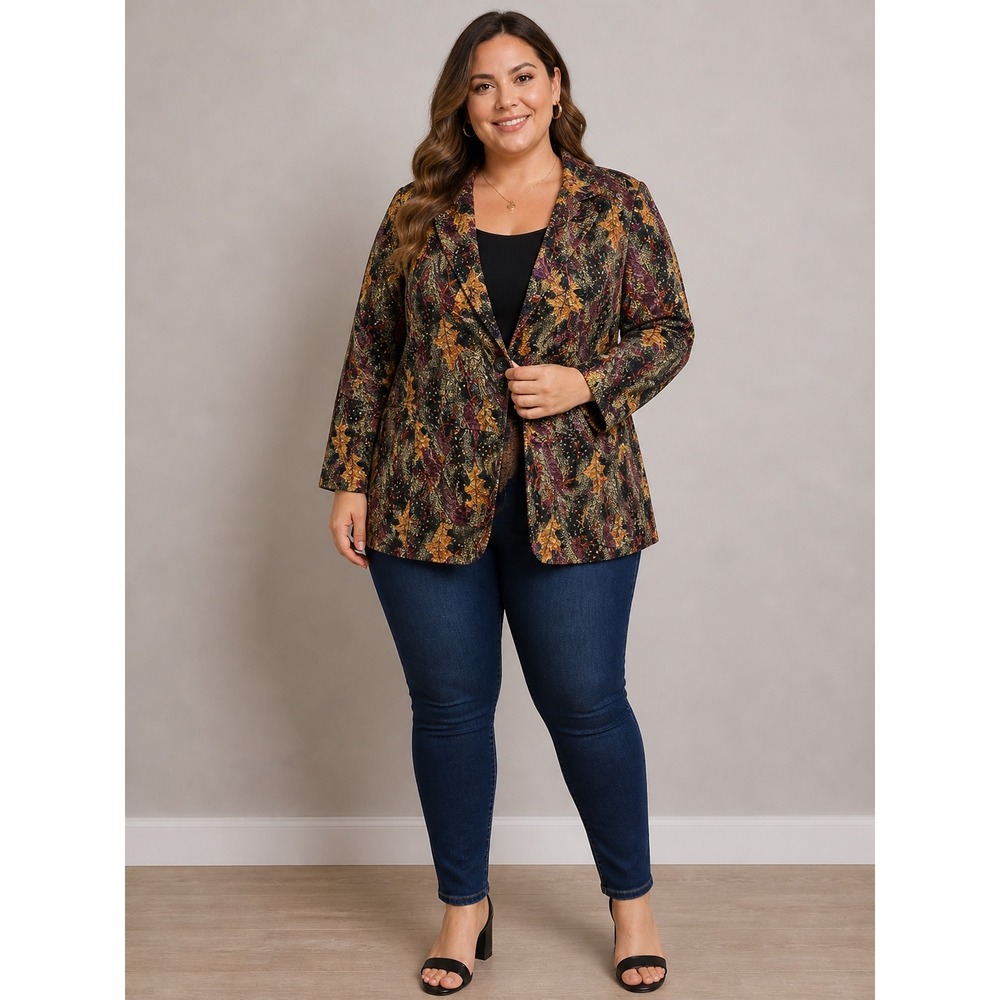 N Touch Blazer Womens‎ 2X Multicolor Leaf Print Knit 883C Long Sleeve Plus Size